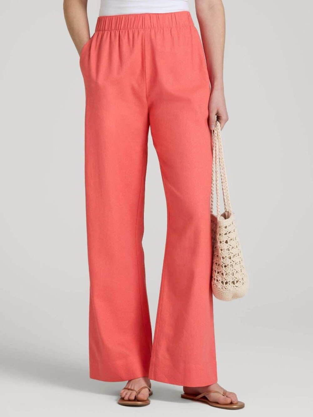 American Tall Pull On Wide Leg Linen Pants for Tall Women in Sunset Coral Size M
